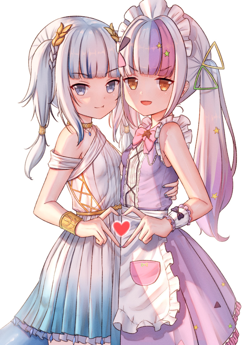 2girls, :d, absurdres, apron, blue_eyes, blue_hair, blue_nails, blunt_bangs
