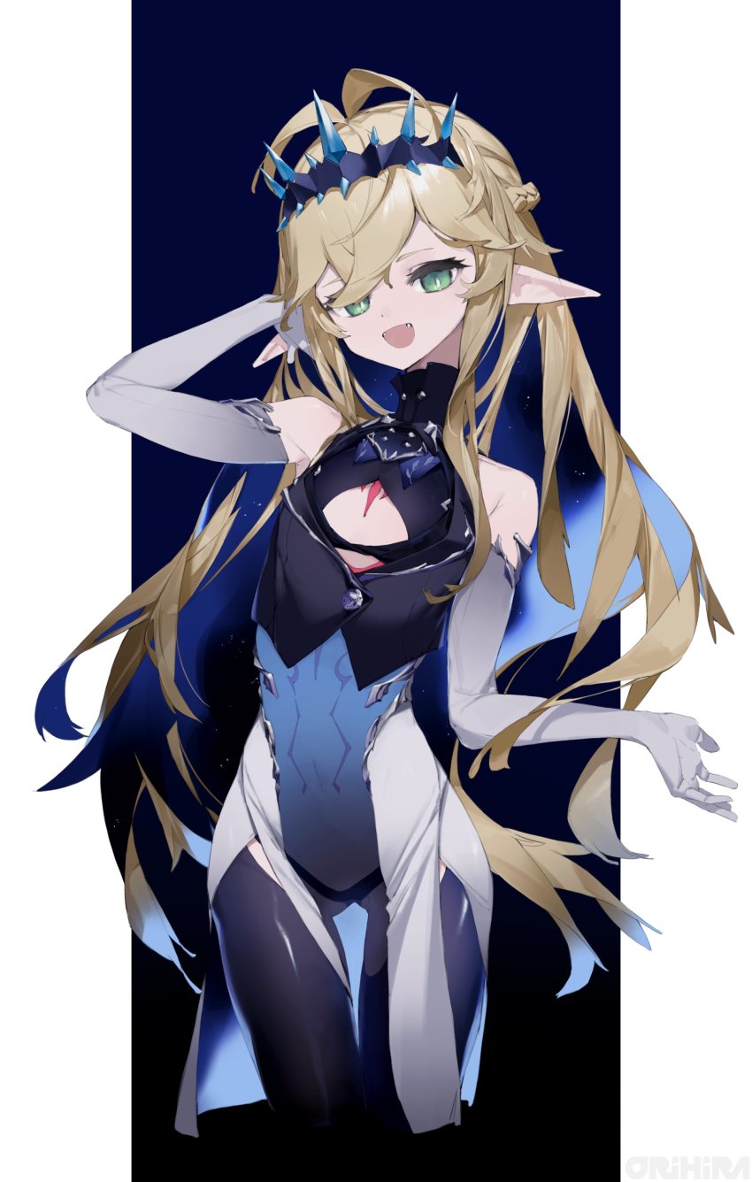 1girl, absurdres, antenna_hair, arm_up, bare_shoulders, blonde_hair, blue_hair, braid, bright_pupils, cleavage_cutout, clothing_cutout, covered_navel, elbow_gloves, fangs, gloves, green_eyes, grey_gloves, hair_between_eyes, hand_in_own_hair, highres, long_hair, multicolored_hair, open_mouth, original, orihira, pointy_ears, smile, solo, star_(sky), tiara, turtleneck, vivi_(ac8231), white_pupils
