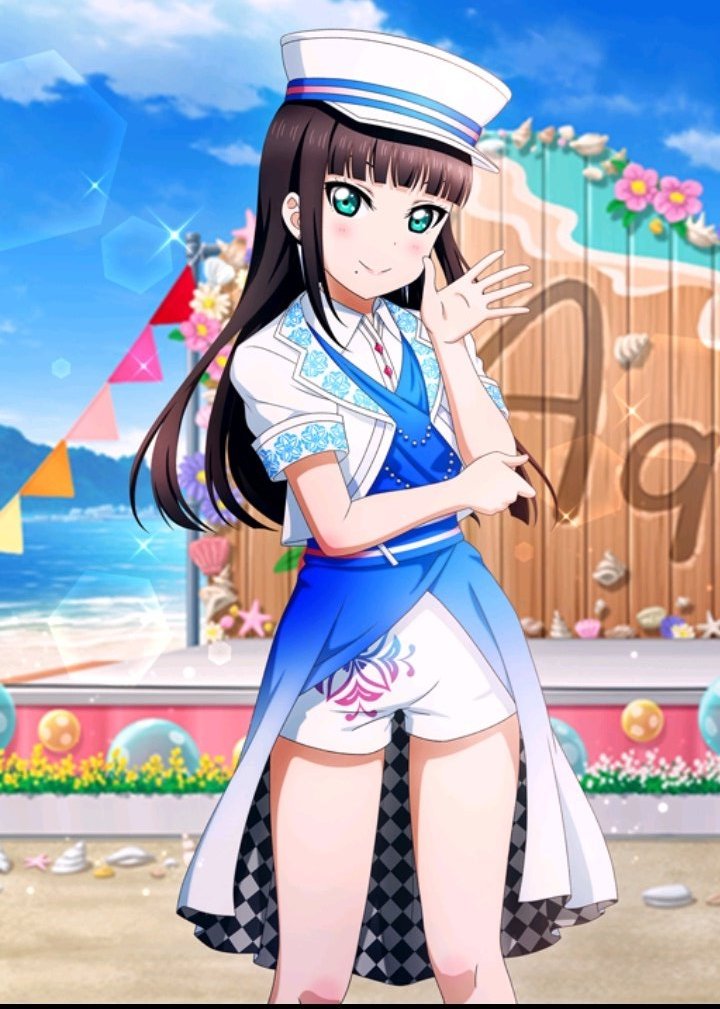 1girl, artist_name, artist_request, bare_legs, belt, black_hair, blue_belt, blue_dress, blue_sky, breasts, cloud, collared_shirt, cropped_jacket, day, dress, dress_shirt, female_focus, floral_print, flower_print, green_eyes, hand_on_elbow, hand_wave, hat, jacket, kurosawa_dia, let's_go_wonder_trip, long_hair, looking_at_viewer, love_live!, love_live!_school_idol_festival, love_live!_sunshine!!, mole, mole_under_mouth, outdoors, pants, peaked_cap, shirt, short_sleeves, shorts, shorts_under_dress, sky, small_breasts, smile_smile_ship_start!!, solo, sparkle, star_(symbol), star_print, white_hat, white_jacket, white_pants, white_shirt, white_shorts, wing_collar