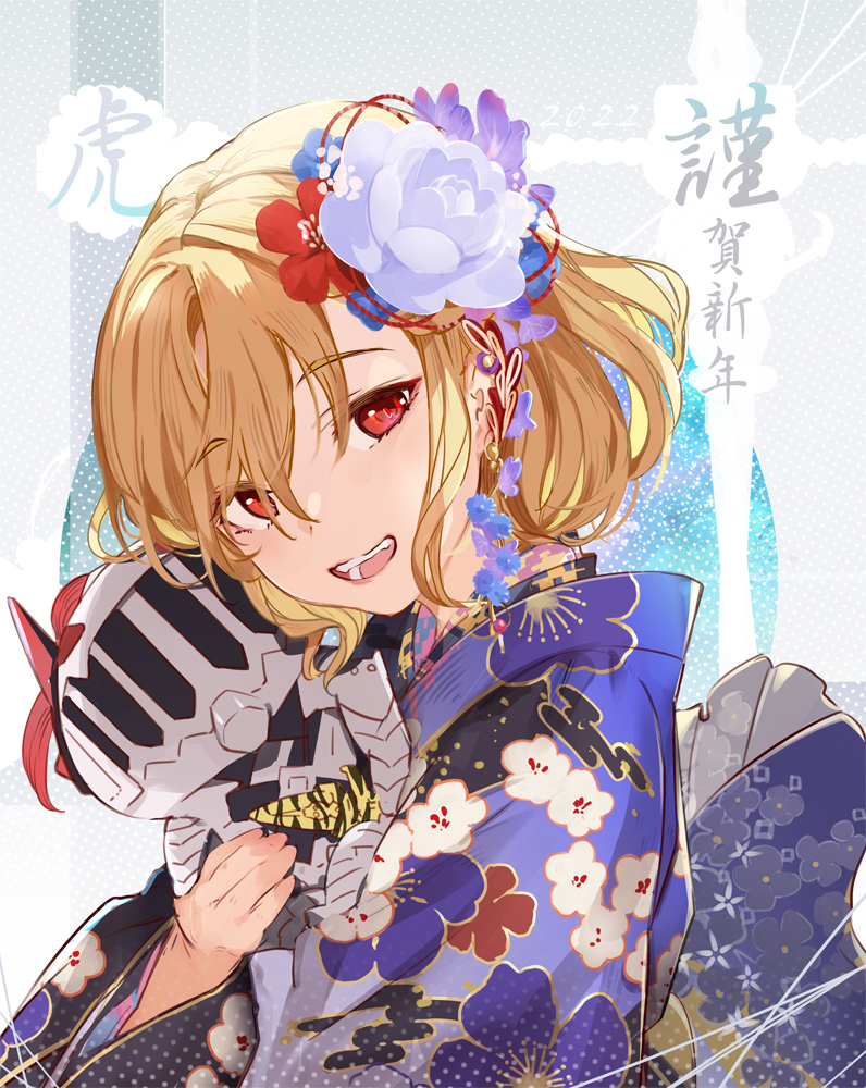 1girl, 2022, :d, alternate_costume, blonde_hair, character_doll, doll, earrings, floral_print, flower, g_yuusuke, hair_flower, hair_ornament, happy_new_year, holding, holding_doll, japanese_clothes, jewelry, kimono, kokubyaku_no_avesta, looking_at_viewer, magsarion, new_year, official_art, open_mouth, quinn_(kokubyaku_no_avesta), red_eyes, shinza_bansho_series, smile, teeth, upper_teeth_only