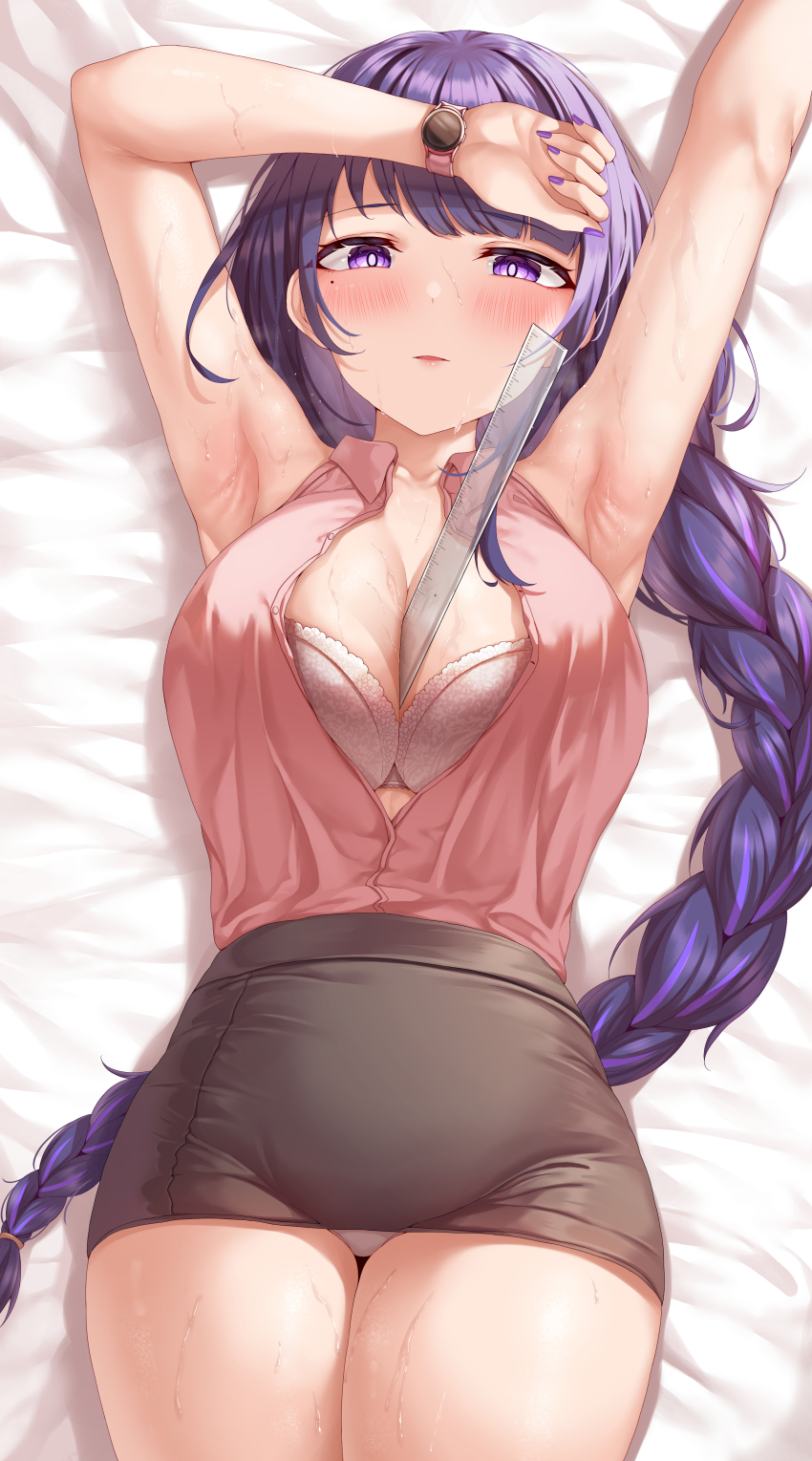 1girl, absurdres, blouse, braid, breasts, collared_shirt, genshin_impact, haqu