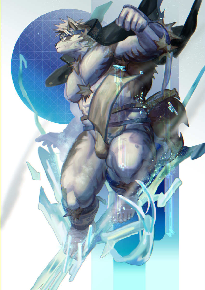 078-kun, 1boy, abs, absurdres, ainu_clothes, animal_ears, bara, bare_pectorals, body_hair, bulge, chest_hair, clothes_lift, fighting_stance, full_body, furry, furry_male, grey_fur, grey_hair, headband, highres, horkeu_kamui, ice, large_pectorals, looking_at_viewer, male_focus, muscular, muscular_male, nipples, pectorals, pelvic_curtain, pelvic_curtain_lift, revealing_clothes, short_hair, solo, tail, thick_thighs, thighs, tokyo_houkago_summoners, two-tone_fur, vambraces, white_fur, wolf_boy, wolf_ears, wolf_tail, yellow_eyes
