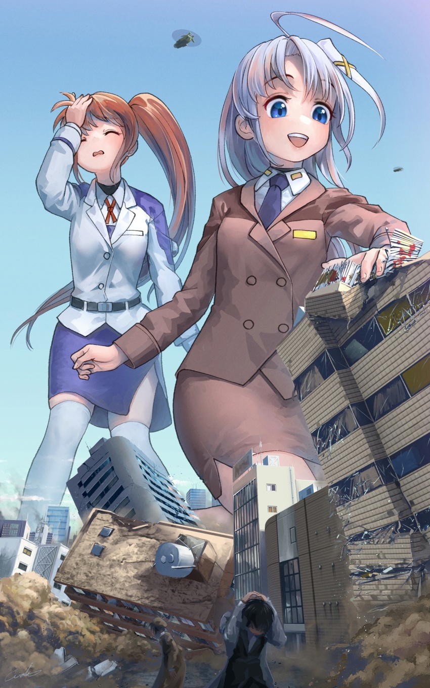 2girls, absurdres, belt, black_belt, blue_eyes, blue_necktie, blue_skirt, bow