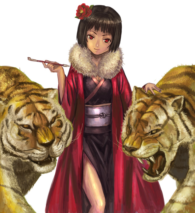 fur_boa, hashi, japanese_clothes, kimono, new_year, smoking_pipe, tiger, kiseru