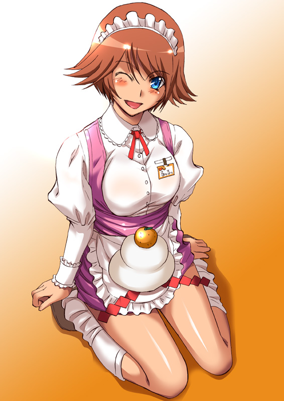 1girl, blue_eyes, brown_hair, dessert, female_focus, food, full_body, kneehighs, nanakawa_rui, one_eye_closed, shiruko_(inosin), sitting, socks, solo, tokimeki_memorial, tokimeki_memorial_4, waitress, white_socks, wink