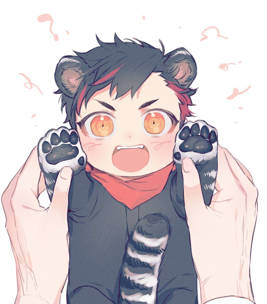 1boy, 1other, animal_ears, black_hair, ensemble_stars!, highres, holding, looking_at_viewer