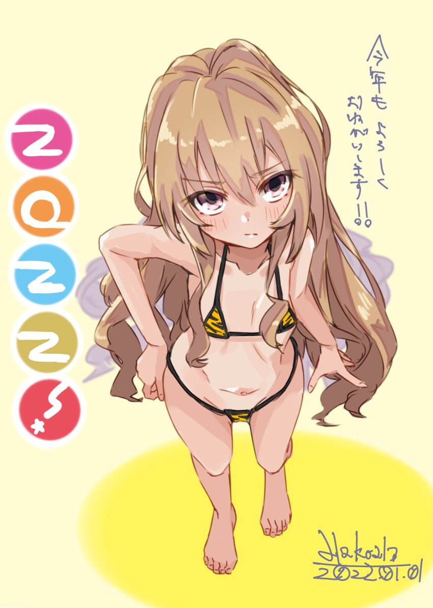 1girl, 2022, aisaka_taiga, alakoala, alternate_costume, animal_print, barefoot, bikini, brown_eyes, chinese_zodiac, collarbone, commentary_request, cowboy_shot, dated, feet, flat_chest, from_above, highres, light_brown_hair, logo_parody, looking_at_viewer, new_year, solo, standing, swimsuit, tiger_print, toradora!, translation_request, year_of_the_tiger