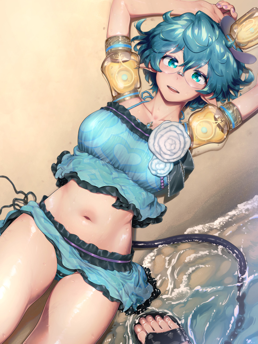 1girl, arms_up, beach, bikini, bikini_skirt, chest_jewel, collarbone, cowboy_shot, glasses, green_bikini, green_eyes, green_hair, highres, lips, looking_at_viewer, lying, midriff, natto_soup, navel, on_back, pandoria_(beach_date)_(xenoblade), pandoria_(xenoblade), round_eyewear, sand, short_hair, solo_focus, stomach, swimsuit, tail, toes, xenoblade_chronicles_(series), xenoblade_chronicles_2