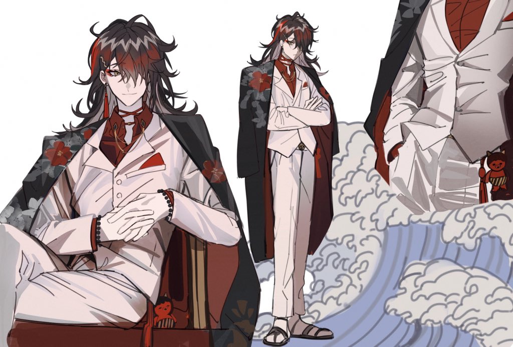 1boy, black_hair, black_jacket, black_kimono, collared_shirt, crossed_arms, eyeshadow, gloves