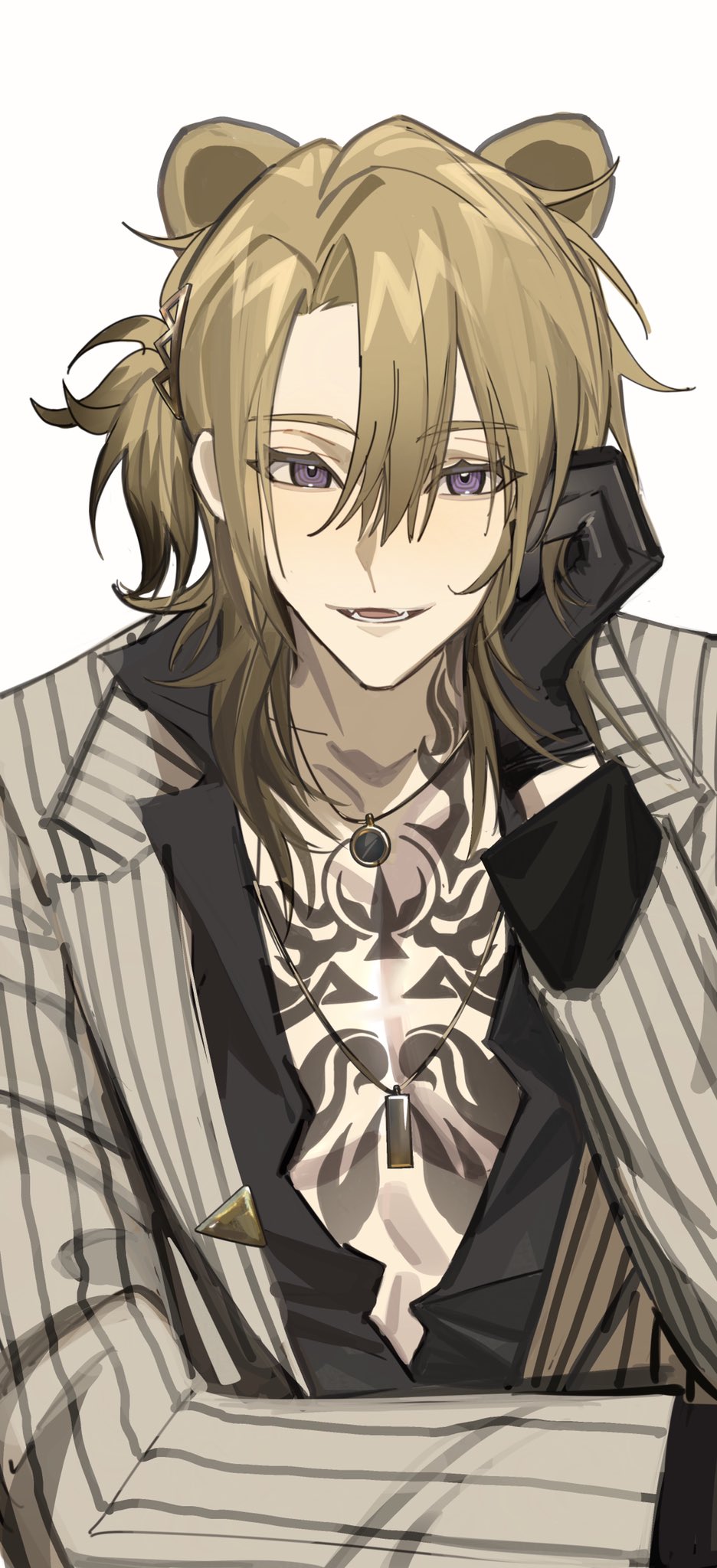 1boy, animal_ears, black_gloves, chest_tattoo, fangs, gloves, grey_jacket, hair_behind_ear