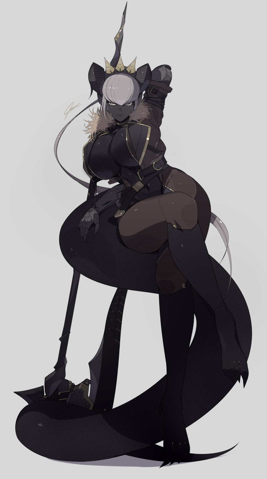 1girl, absurdres, black_skin, breasts, colored_skin, cropped_jacket, dragon_girl, dragon_horns, dragon_tail, facial_mark, female_focus, full_body, grey_background, grey_eyes, grey_hair, hairband, halberd, highres, horns, huge_breasts, ill_(ub1mo), kneehighs, leotard, monster_girl, no_humans, original, polearm, signature, simple_background, smile, socks, solo, spiked_hairband, spikes, tail, tail_stand, thighs, tsurime, ub1mo, weapon