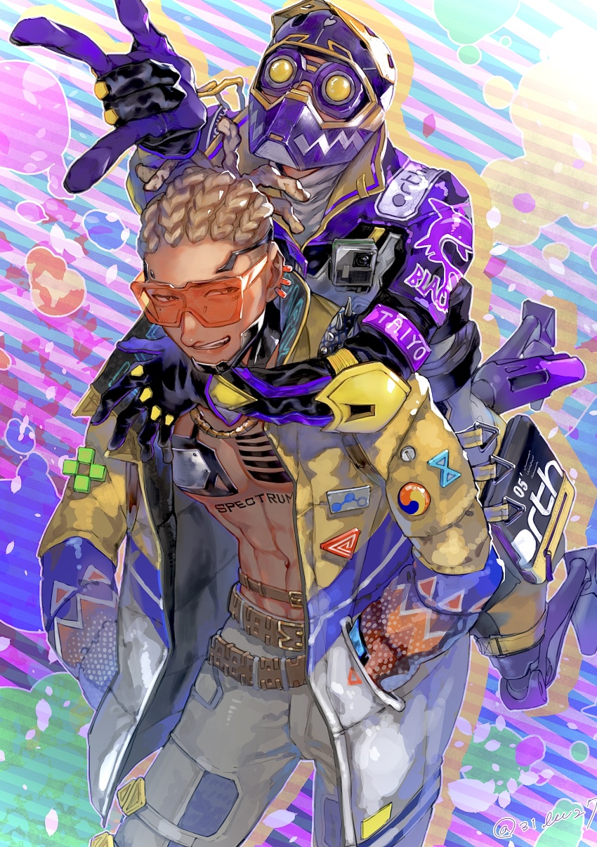 abs, absurdres, apex_legends, bad_id, bad_pixiv_id, belt, blonde_hair, brown_belt, carrying, chain, chest_tattoo, cornrows, crypto_(apex_legends), extreme_measures_octane, gloves, goggles, gold_chain, hands_in_pockets, helmet, highres, hype_beast_crypto, jacket, kawaniwa, leaning_forward, m/, male_focus, motorcycle_helmet, multicolored_jacket, octane_(apex_legends), official_alternate_costume, pants, piggyback, purple_gloves, purple_headwear, purple_jacket, smile, sunglasses, tattoo, white_jacket, white_pants, yellow_jacket