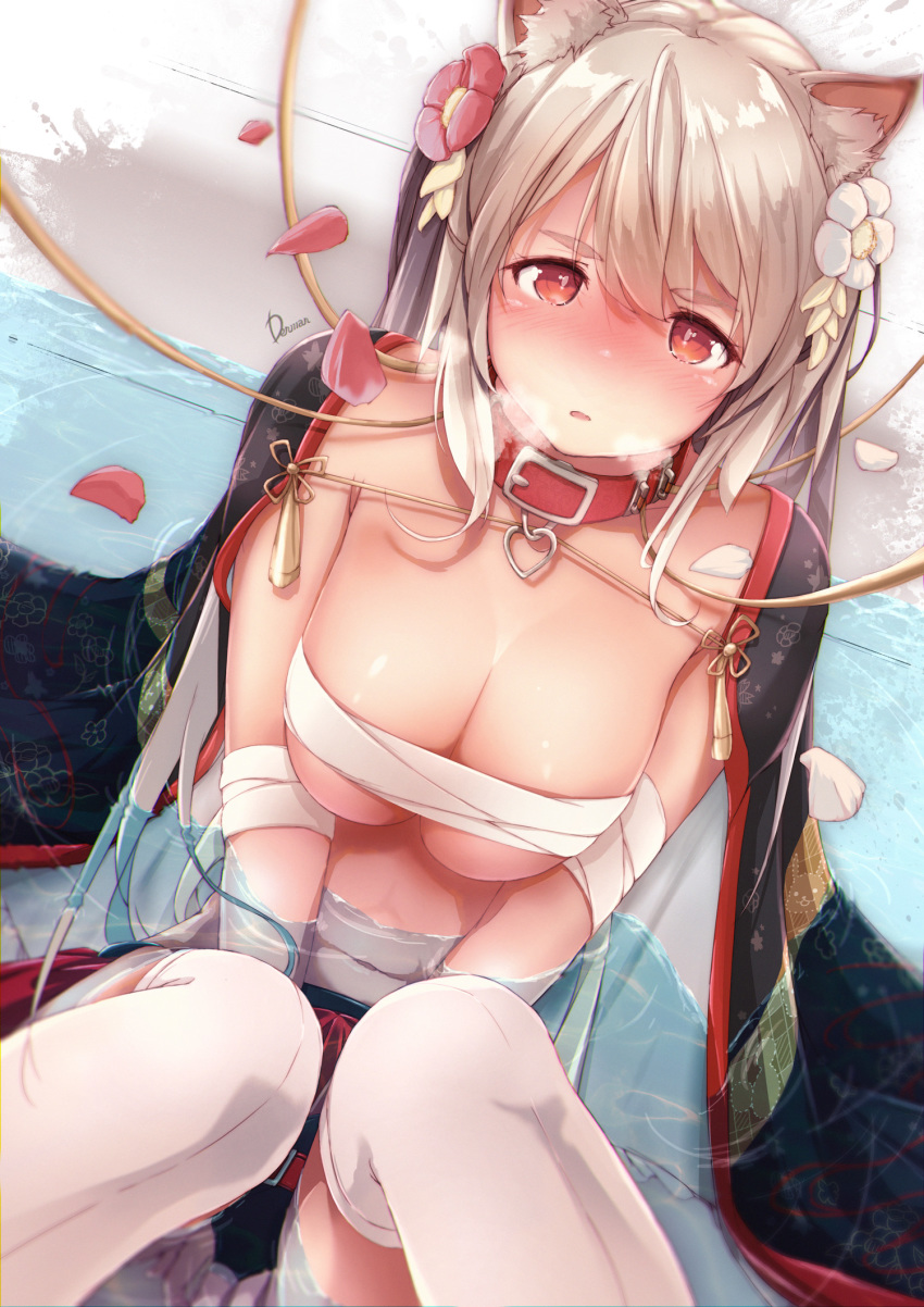 1girl, animal_ear_fluff, animal_ears, armpit_crease, azur_lane, bandaged_arm, bandages, black_kimono, blush, breasts, breasts_squeezed_together, breath, bridal_gauntlets, budget_sarashi, cleavage, collar, commentary_request, cowboy_shot, dermar, floral_print, flower, hair_between_eyes, hair_flower, hair_ornament, heart, heart-shaped_pupils, heart_collar, highres, in_heat, japanese_clothes, kimono, knees_up, large_breasts, long_hair, looking_at_viewer, navel, nose_blush, open_clothes, open_kimono, parted_lips, partially_submerged, petals, petals_on_liquid, photoshop_(medium), print_kimono, red_collar, red_eyes, red_skirt, revision, sarashi, sidelocks, signature, silver_hair, sitting, skirt, solo, symbol-shaped_pupils, thick_eyebrows, thighhighs, underboob, water, white_thighhighs, wolf_ears, wolf_girl, yuudachi_(azur_lane), yuudachi_(shogun_of_snowballs)_(azur_lane)