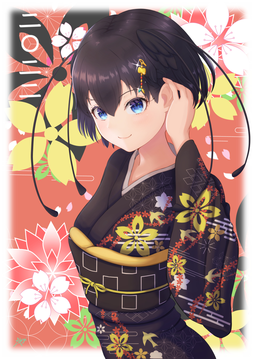 1girl, absurdres, antennae, arm_behind_head, bird_wings, black_hair, black_kimono, blue_eyes