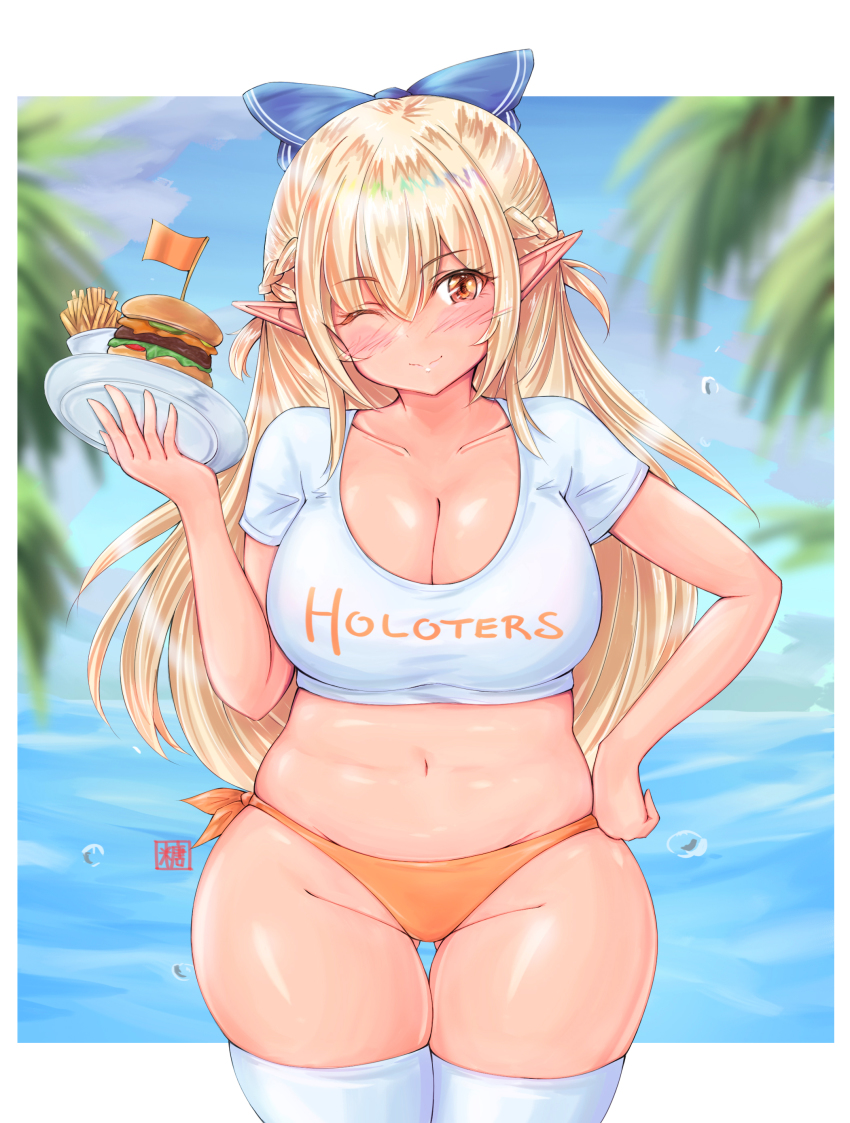 1girl, absurdres, blonde_hair, blush, breasts, burger, cleavage, dark-skinned_female, dark_skin, elf, food, french_fries, highres, hololive, hooters, large_breasts, looking_at_viewer, midriff, navel, one_eye_closed, orange_eyes, plump, pointy_ears, shiranui_flare, skindentation, smile, solo, thighhighs, tong_shui, virtual_youtuber, wink