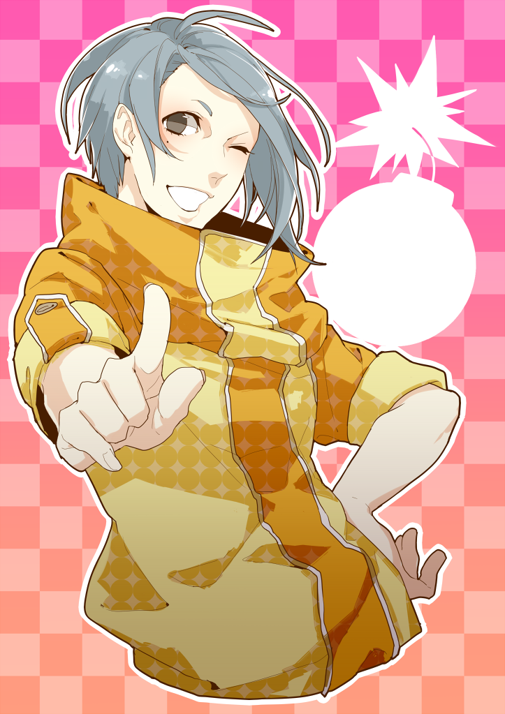 1boy, bakudan_handan, brown_eyes, buttons, checkered_background, commentary_request, grey_hair, grin