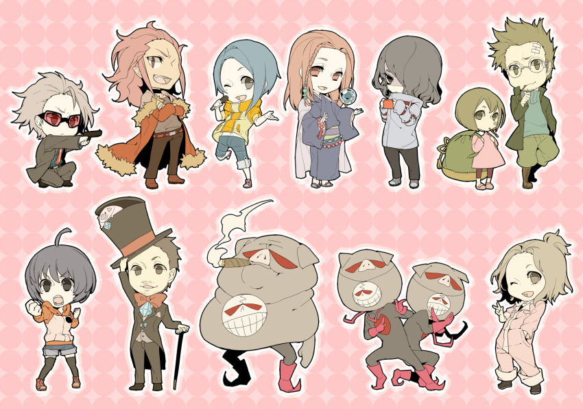 2girls, 6+boys, ahoge, aiming, arm_belt, backpack, bag, bakudan_handan