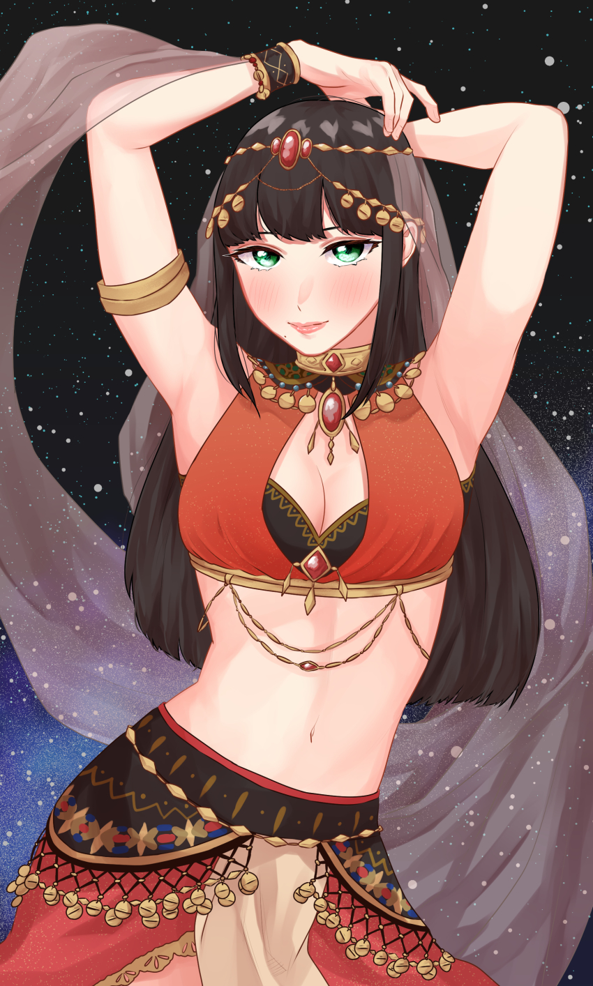 1girl, absurdres, aqua_eyes, arabian_clothes, arm_over_head, armlet, artist_name, artist_request