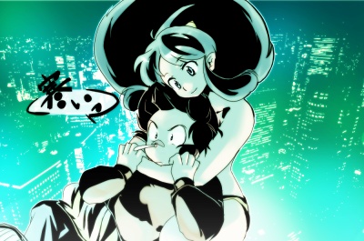 1boy, 1girl, city, flying, hug, long_hair, lowres, lum