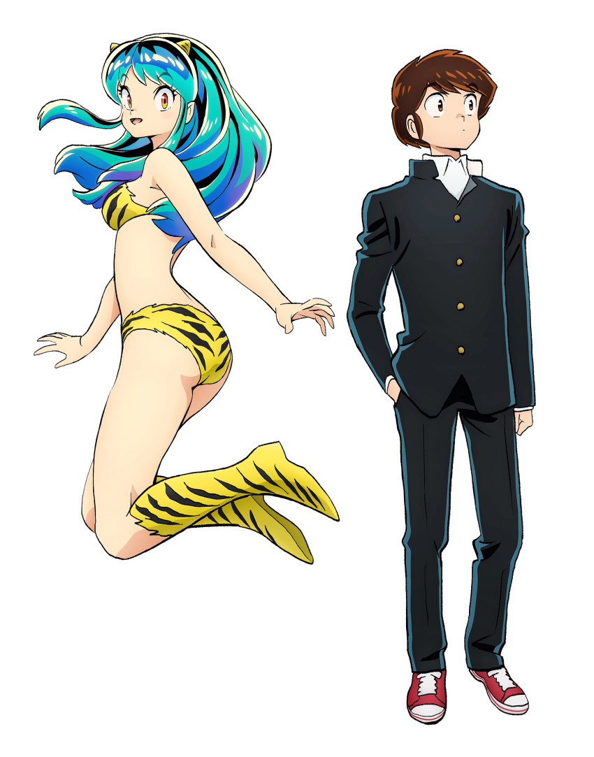 1boy, 1girl, absurdres, animal_print, asano_naoyuki, bikini, boots, brown_eyes