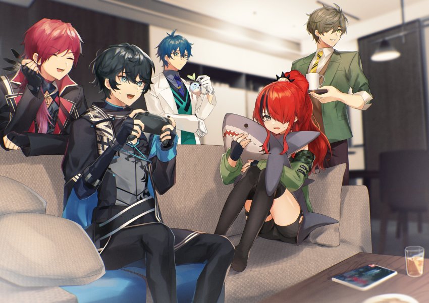 1girl, 4boys, :d, ^_^, absurdres, axia_krone, axia_krone_(1st_costume), black_cape