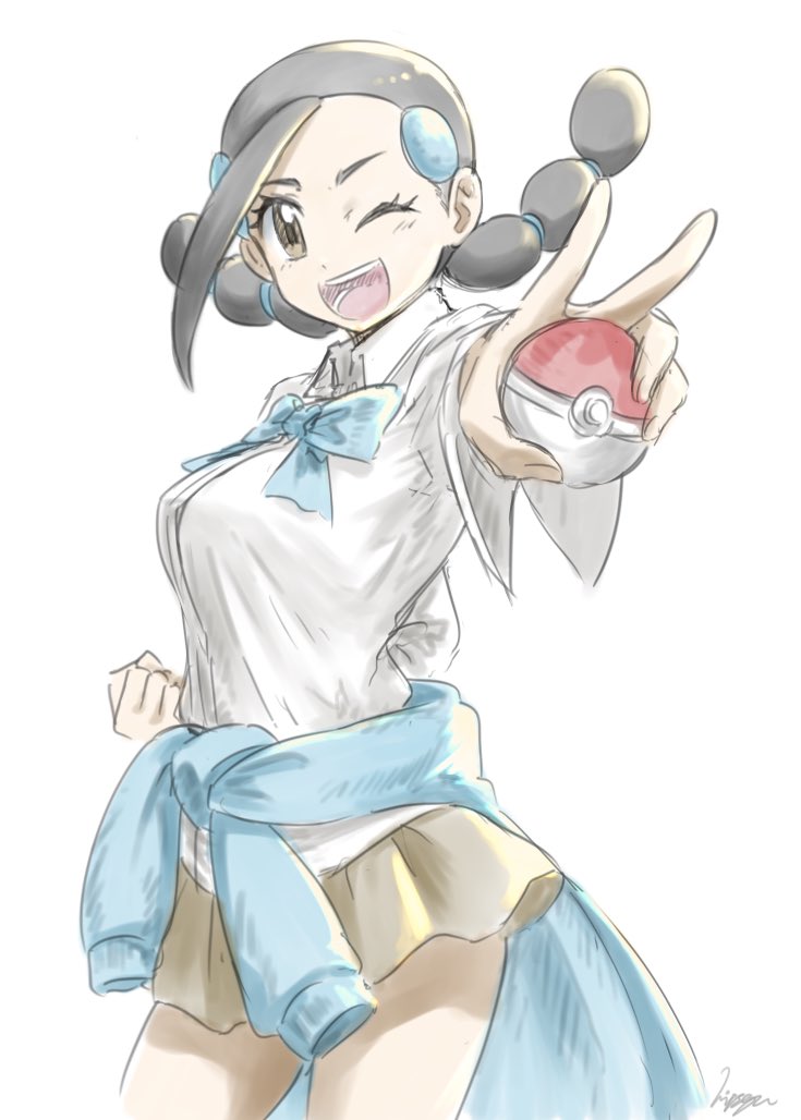 1girl, blue_sweater, breasts, brown_skirt, candice_(pokemon), clothes_around_waist, large_breasts, long_hair, looking_at_viewer, mi_(ckock0914), miniskirt, multi-tied_hair, nintendo, one_eye_closed, poke_ball, pokemon, pokemon_diamond/pearl/platinum, skirt, sweater, sweater_around_waist, wink
