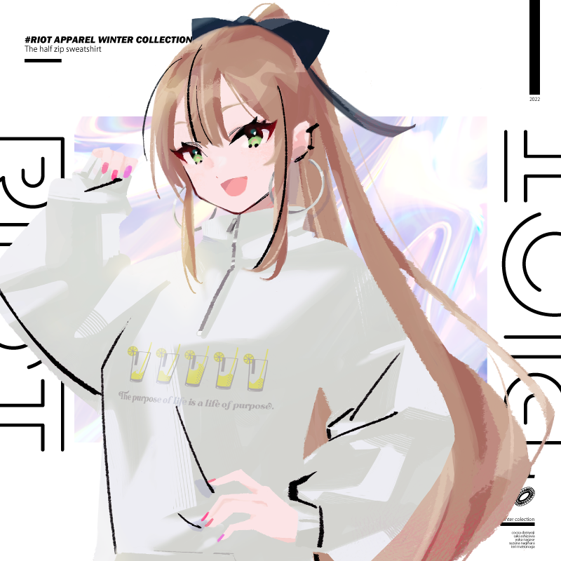 1girl, black_ribbon, brown_hair, commentary_request, ear_piercing, earrings, english_text, green_eyes