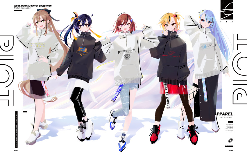 5girls, absurdres, ashizawa_saki, asymmetrical_legwear, belt, black_hair, black_leggings, black_nails