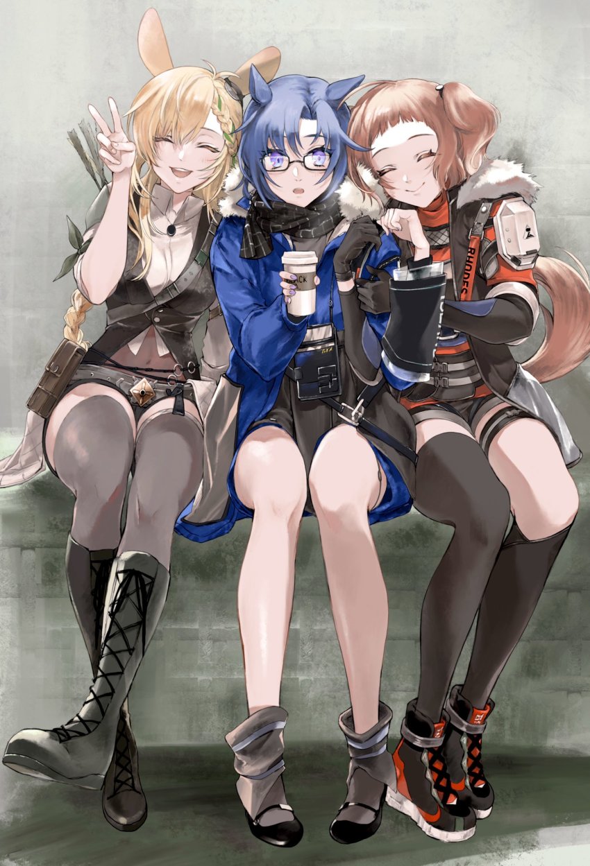 3girls, aged_up, animal_ears, arknights, arm_grab, asymmetrical_legwear, bare_legs, beagle_(arknights), beagle_(dreadnaught)_(arknights), belt, black_footwear, black_scarf, black_socks, blue_jacket, boots, breasts, brown_belt, brown_footwear, brown_shirt, closed_eyes, closed_mouth, commentary_request, cup, disposable_coffee_cup, disposable_cup, dog_tail, fang_(arknights), fang_(cruciata)_(arknights), full_body, fur-trimmed_jacket, fur_trim, hair_between_eyes, hand_up, highres, holding, holding_cup, jacket, kneehighs, kroos_(arknights), lace-up_boots, light_brown_hair, long_sleeves, medium_breasts, mismatched_legwear, multiple_belts, multiple_girls, official_alternate_costume, okome_(okome9219), open_mouth, parted_lips, plaid_clothes, plaid_scarf, quiver, rabbit_ears, red_jacket, scarf, shirt, shoes, short_hair, short_sleeves, shorts, sitting, smile, sneakers, socks, tail, teeth, thigh_boots, thighhighs, upper_teeth_only, v, white_shirt