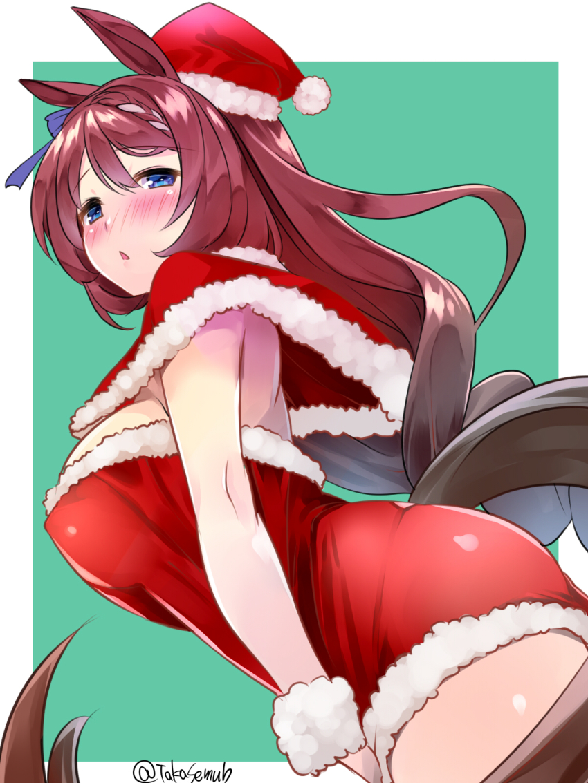 1girl, animal_ears, blue_eyes, blush, border, bow, braid, brown_hair, capelet, christmas, commentary_request, dress, dress_tug, ear_ribbon, from_side, frown, fur-trimmed_dress, fur_cuffs, fur_trim, green_background, half-closed_eyes, hat, highres, horse_ears, horse_girl, horse_tail, long_hair, looking_at_viewer, looking_back, low-braided_long_hair, low-tied_long_hair, magata001, microdress, outside_border, parted_lips, red_capelet, red_dress, red_hat, santa_hat, solo, standing, strapless, strapless_dress, super_creek_(umamusume), tail, takase_muh, twitter_username, umamusume, white_border