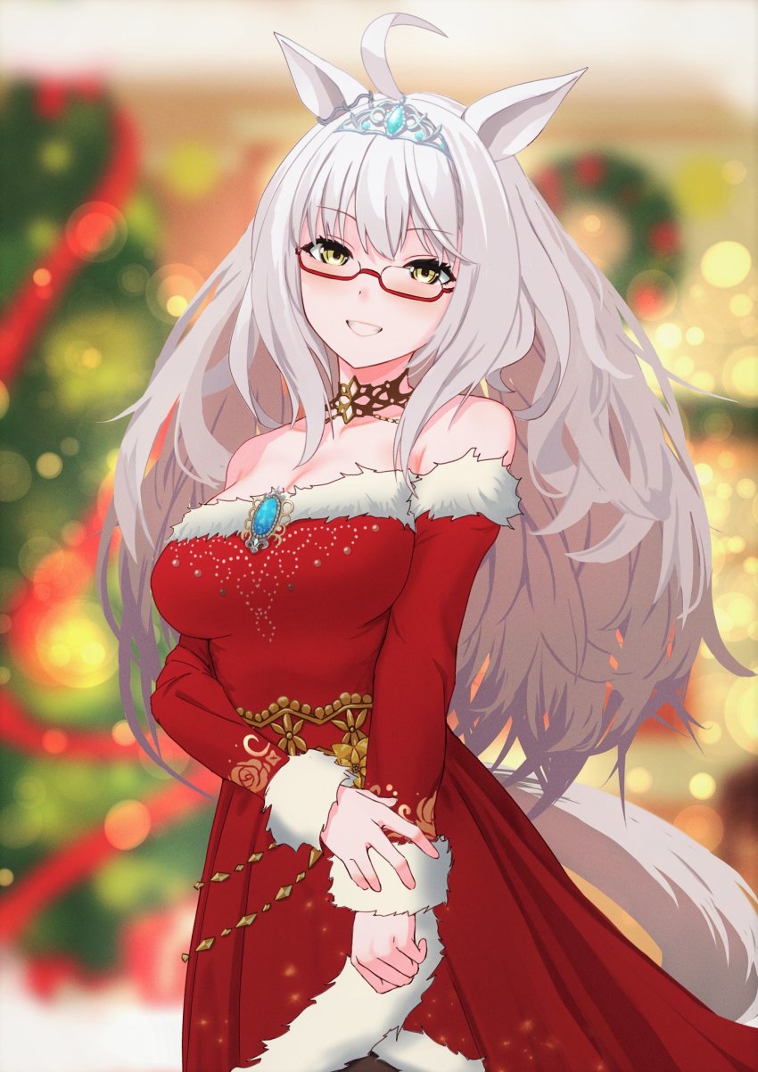 1girl, ahoge, animal_ears, biwa_hayahide_(rouge_caroler)_(umamusume), biwa_hayahide_(umamusume), black_choker, blurry, blurry_background