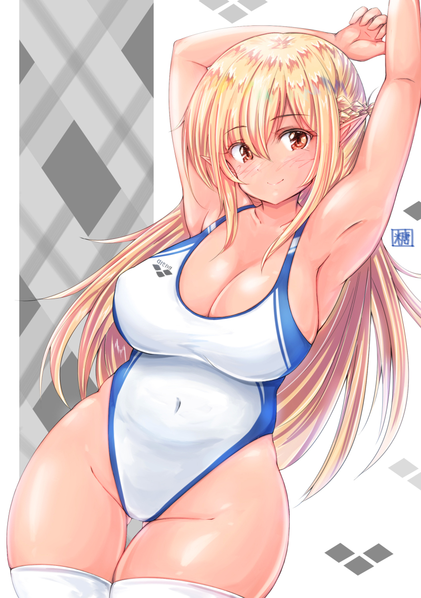 1girl, absurdres, arena_(company), armpits, arms_up, blonde_hair, blush, braid