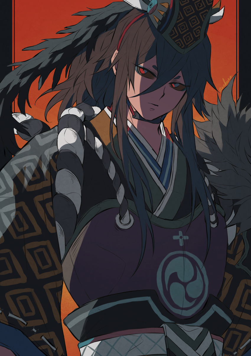1boy, absurdres, armor, black_hair, black_sclera, colored_sclera, expressionless, headgear, highres, ichi_asakura, japanese_armor, japanese_clothes, kuro_mujou_(onmyoji), long_hair, looking_to_the_side, male_focus, onmyoji, ponytail, red_eyes, short_eyebrows, solo