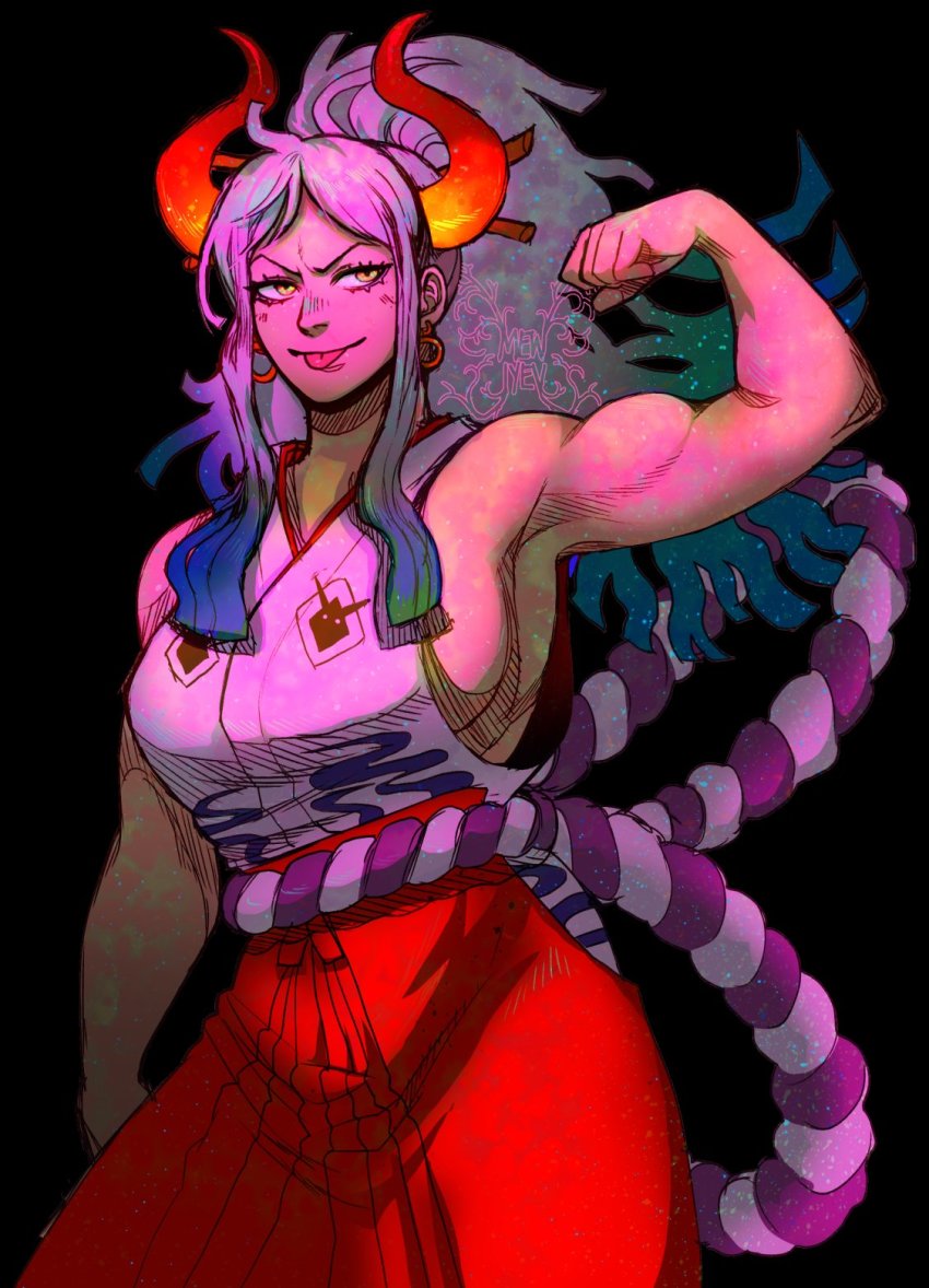 >:), 1girl, :p, arm_at_side, arm_up, armpits, artist_logo, bare_arms, bare_shoulders, biceps, black_background, blue_hair, breasts, cowboy_shot, curled_horns, earrings, flexing, green_hair, grey_hair, hair_ornament, hair_stick, hakama, high_ponytail, highres, horns, japanese_clothes, jewelry, kimono, large_breasts, logo, long_hair, looking_at_viewer, mewiyev, multicolored_hair, multicolored_horns, one_piece, oni, orange_horns, ponytail, red_horns, rope, shimenawa, sideboob, sidelocks, simple_background, sleeveless, sleeveless_kimono, smile, solo, tongue, tongue_out, v-shaped_eyebrows, watermark, yamato_(one_piece), yellow_eyes, yellow_horns