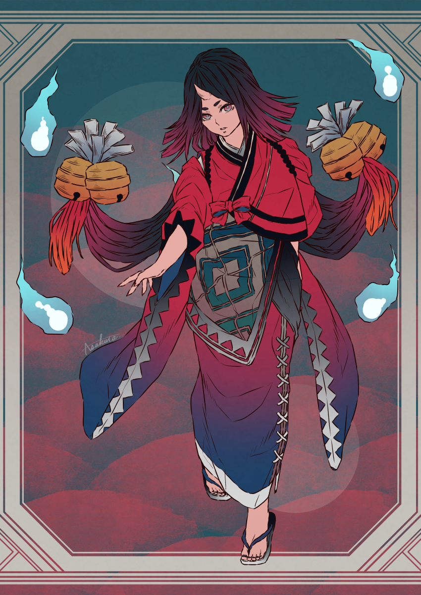 1girl, absurdres, asymmetrical_clothes, bell, blue_fire, bow, fire, floating_hair, framed, gradient_hair, hair_bell, hair_ornament, highres, horns, ichi_asakura, japanese_clothes, kimono, multicolored_hair, nail_polish, onmyoji, parted_bangs, parted_lips, red_eyes, sandals, single_horn, solo, tasuki, zashiki-warashi_(onmyoji), zouri