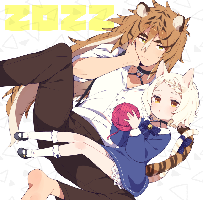 1boy, 1girl, 2022, age_difference, animal_ears, barefoot, bell, black_collar, black_footwear, black_hair, blonde_hair, blue_bow, blush, bow, braid, brown_hair, chinese_zodiac, closed_mouth, clothing_cutout, collar, collarbone, fingernails, green_eyes, hair_between_eyes, hand_rest, highres, holding_yarn, light_brown_hair, long_hair, moyori, multicolored_hair, o-ring, orange_eyes, original, parted_lips, paw_cutout, short_hair, sitting, sitting_on_person, sleeves_rolled_up, soles, striped_bow, tail, tail_bow, tail_ornament, tiger_boy, tiger_ears, tiger_tail, white_legwear, yarn, yarn_ball, year_of_the_tiger