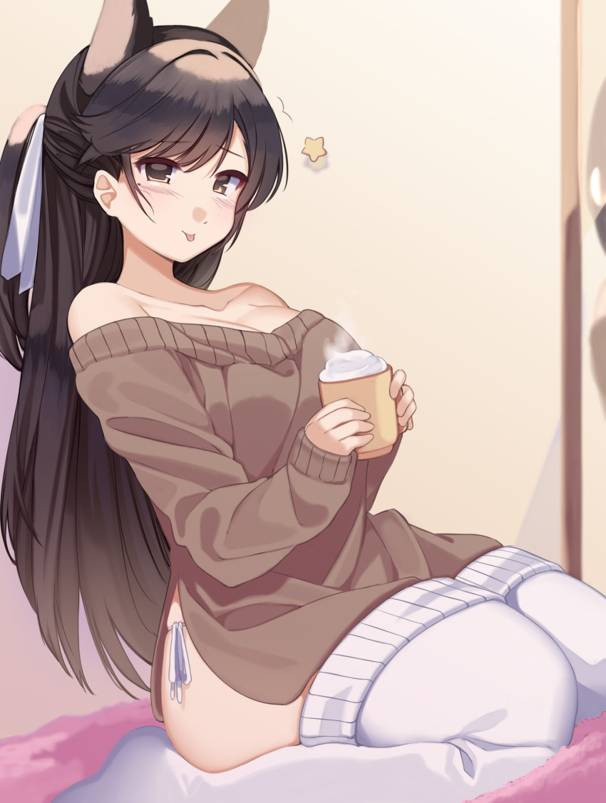 1girl, absurdres, alternate_costume, animal_ears, atago_(azur_lane), azur_lane, bare_shoulders, breasts, brown_hair, brown_sweater, casual, cleavage, cup, hair_ribbon, highres, holding, holding_cup, indoors, large_breasts, lisa_(faeuna), long_hair, looking_at_viewer, mole, mole_under_eye, off-shoulder_sweater, off_shoulder, panties, ribbon, side-tie_panties, sitting, solo, star_(symbol), sweater, thighhighs, tongue, tongue_out, underwear, wariza, white_panties, white_ribbon, white_thighhighs, yellow_eyes