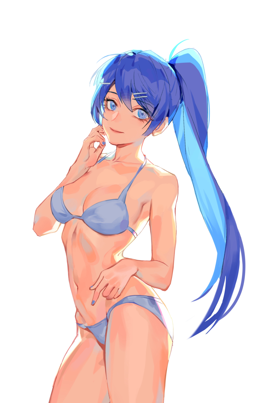 1girl, absurdres, alternate_costume, bare_arms, bare_shoulders, bikini, blue_eyes, blue_nails, breasts, cleavage, closed_mouth, commentary_request, cowboy_shot, danganronpa:_trigger_happy_havoc, danganronpa_(series), go_shika_anan, grey_background, hair_ornament, hairclip, hand_up, highres, long_hair, maizono_sayaka, nail_polish, navel, ponytail, simple_background, solo, swimsuit