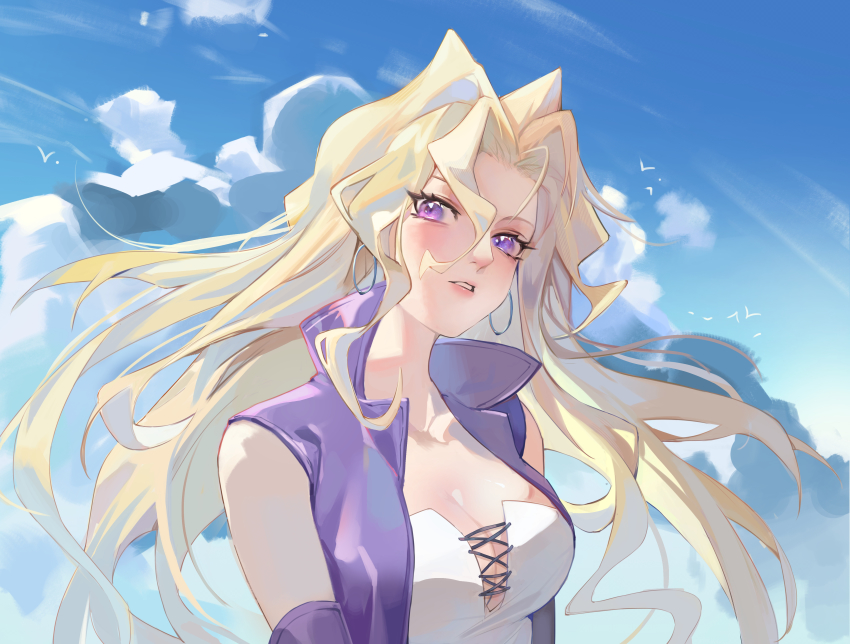 1girl, absurdres, animal, bare_shoulders, bird, blonde_hair, breasts, cleavage, cloud, cloudy_sky, collarbone, day, detached_sleeves, go_shika_anan, highres, jacket, kujaku_mai, large_breasts, long_hair, outdoors, parted_bangs, parted_lips, purple_eyes, purple_jacket, shiny_clothes, sky, sleeveless, sleeveless_jacket, solo, teeth, upper_body, yu-gi-oh!