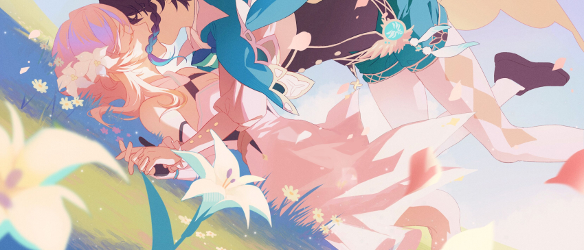 1boy, 1girl, absurdres, aqua_hair, black_hair, blonde_hair, blue_hair, braid