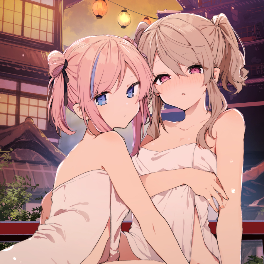 2girls, black_ribbon, blue_eyes, blush, brown_hair, closed_mouth, hair_ribbon, ikeuchi_tanuma