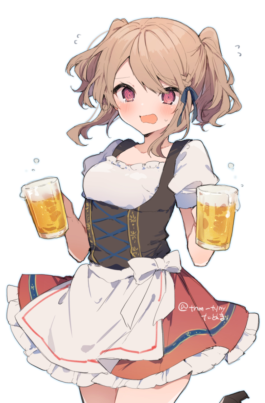 1girl, @_@, alcohol, apron, beer, beer_mug, black_vest, blue_ribbon
