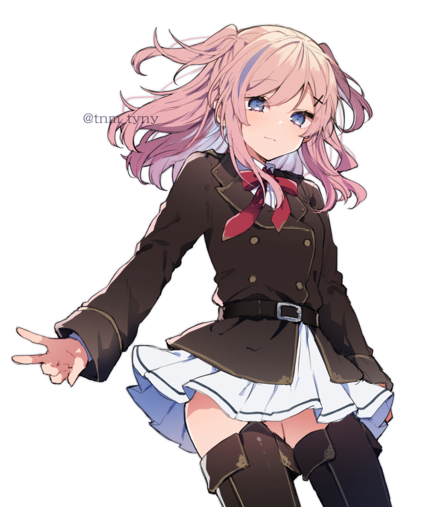 1girl, belt, black_belt, blue_eyes, boots, bow, bowtie, brown_jacket