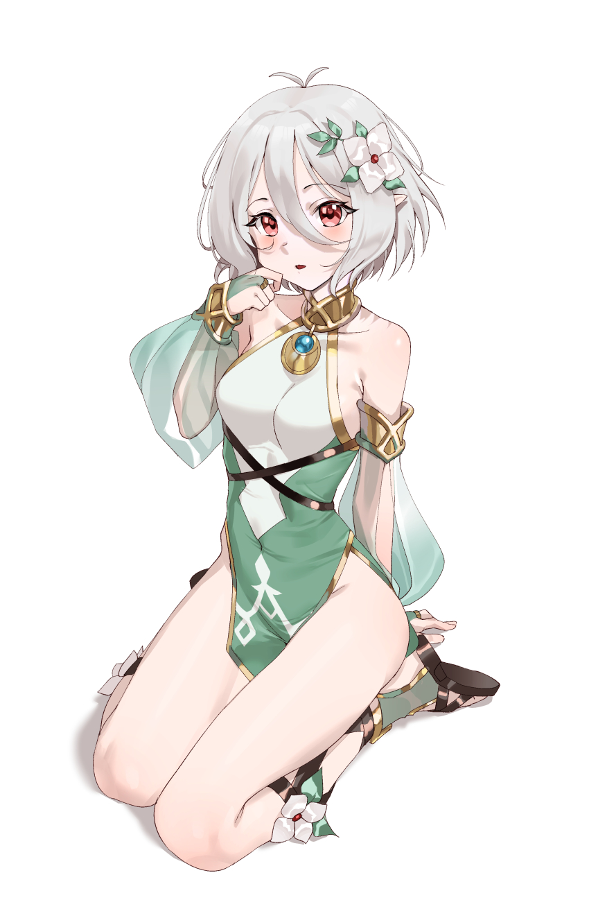 1girl, absurdres, antenna_hair, arm_behind_back, arm_support, bare_shoulders, breasts, commentary_request