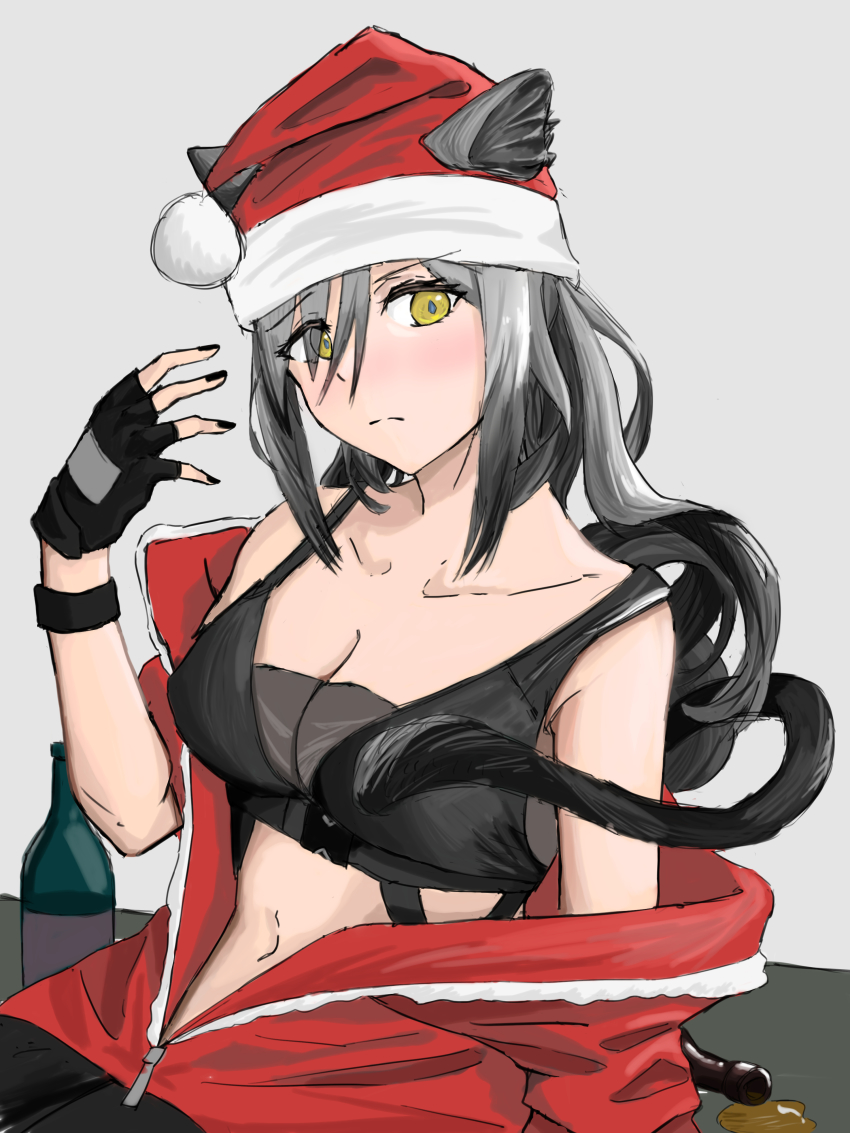 1girl, absurdres, animal_ears, arknights, bare_shoulders, black_gloves, black_nails, breasts