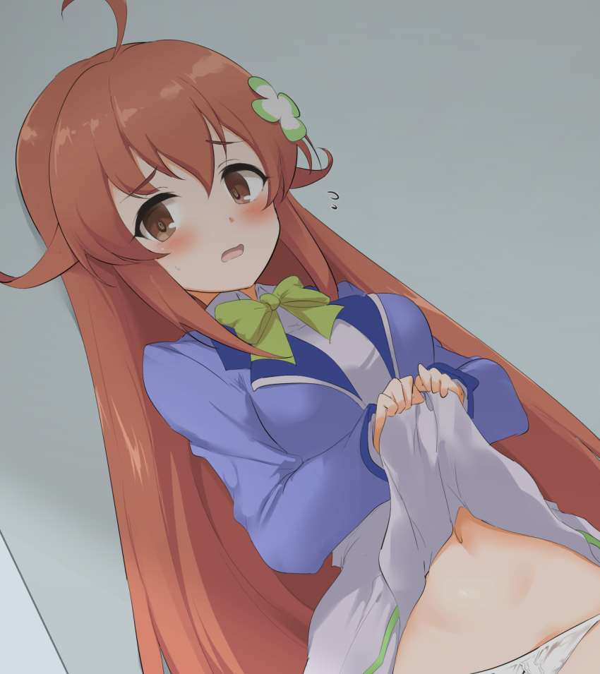 1girl, ahoge, amamiya_mimori, blue_jacket, blush, bow, breasts, brown_eyes