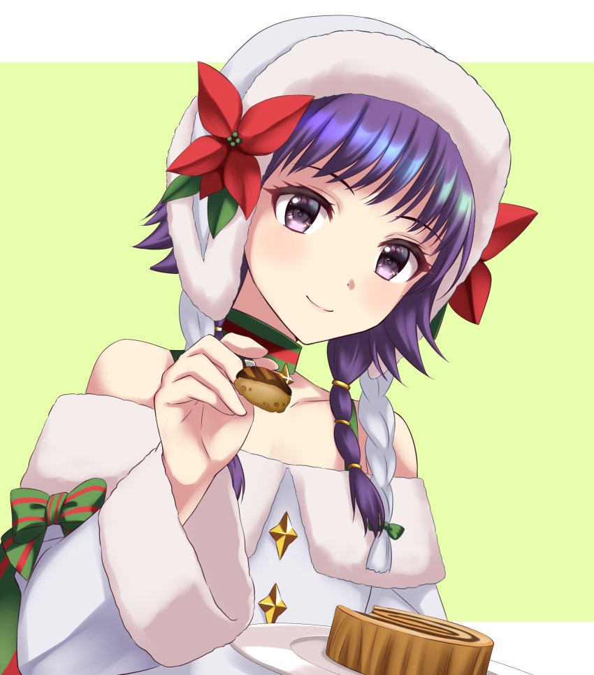 1girl, absurdres, bare_shoulders, cake, cake_slice, choker, christmas, fire_emblem