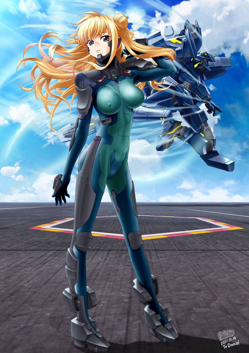 1girl, absurdres, cloud, commentary, commission, covered_erect_nipples, f-18_hornet_(muv-luv), floating_hair, flying, fortified_suit, green_eyes, hair_bun, hand_in_own_hair, highres, lilia_kjellberg, long_hair, mecha, mecha_pilot_suit, muv-luv, muv-luv_alternative, muv-luv_unlimited:_the_day_after, open_hand, pilot_suit, popgun_(22882502), robot, science_fiction, side_bun, single_side_bun, sky, standing, tactical_surface_fighter, visor