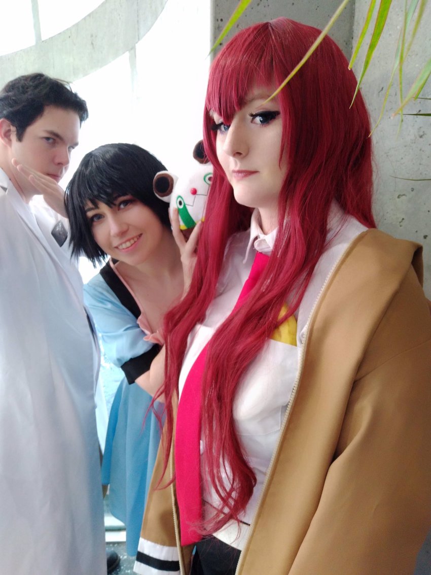 1boy, 2girls, cosplay, highres, koyomatsu, lab_coat, makise_kurisu, makise_kurisu_(cosplay), multiple_girls, okabe_rintarou, okabe_rintarou_(cosplay), photo_(medium), red_hair, science_adventure, shiina_mayuri, shiina_mayuri_(cosplay), steins;gate, usatame