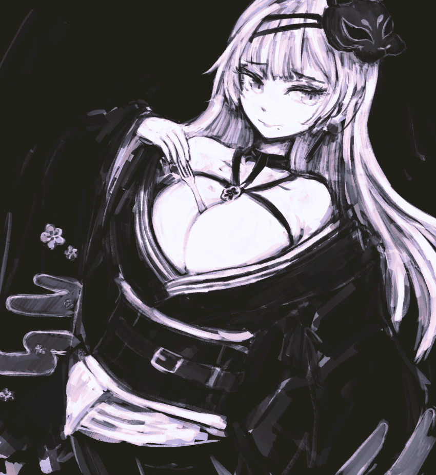 1girl, absurdres, between_breasts, breasts, cleavage, collarbone, fork, fox_mask